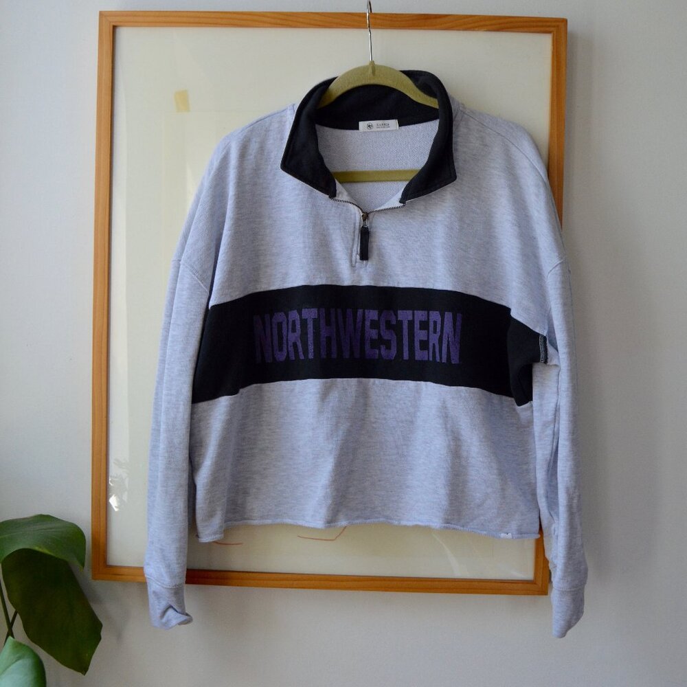 Northwestern University Half Zip Up Gray Cropped Sweatshirt Size L Vintage Look
